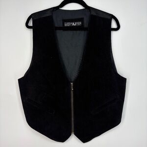 AJ Womens XL Vintage Zip Front Vest Black Genuine Suede Leather Fully Lined